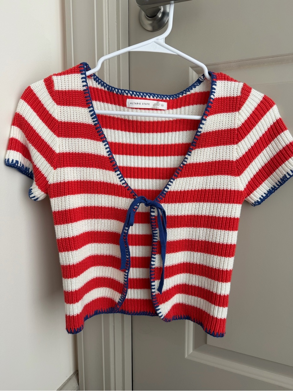 Altar'd State Red, White & Blue Striped Tie-Front Knit Top